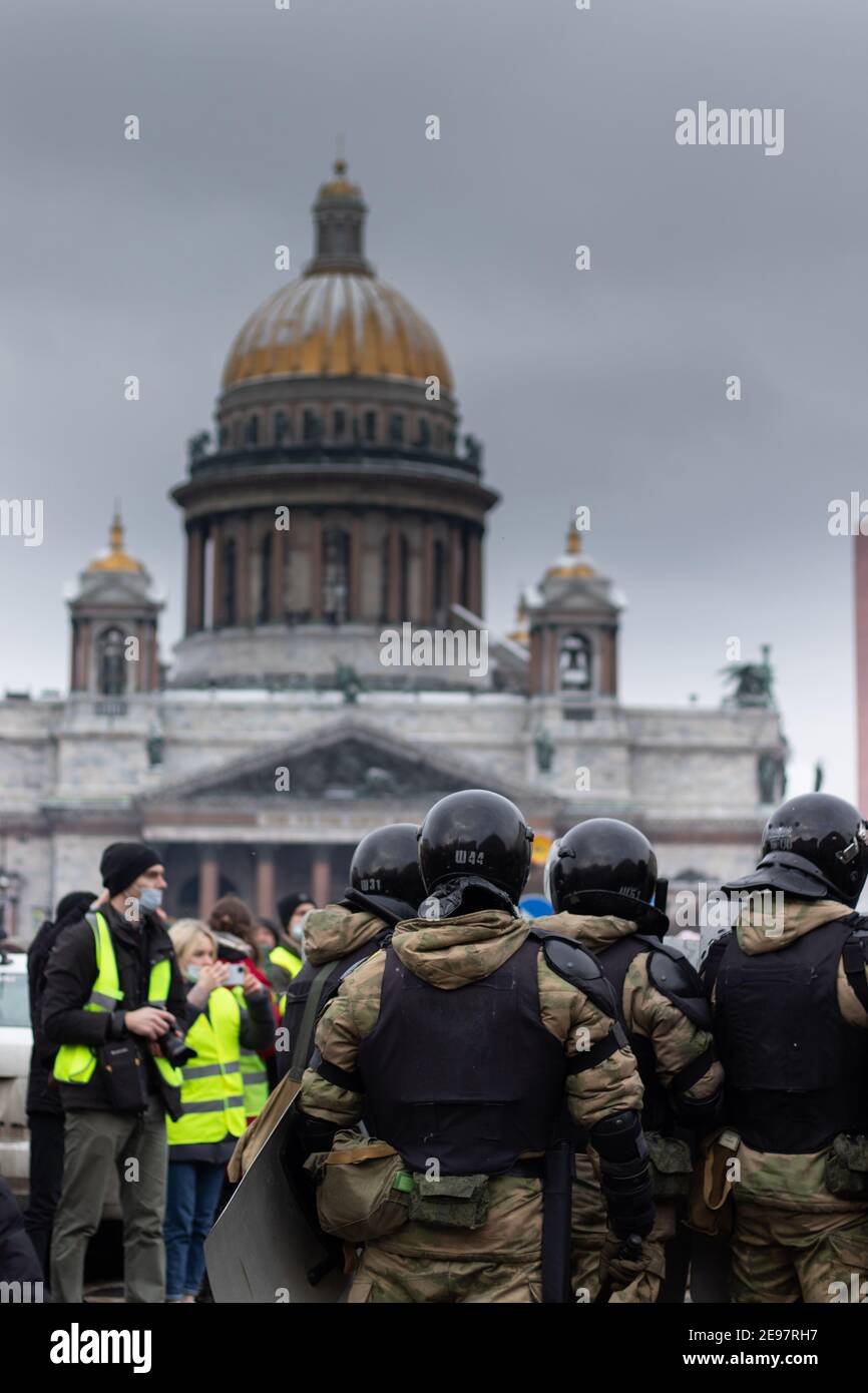 Sankt Petersburg, Russland - 31. Januar 2021: Russland protestiert gegen die Regierung, illustrative Editorial Stockfoto
