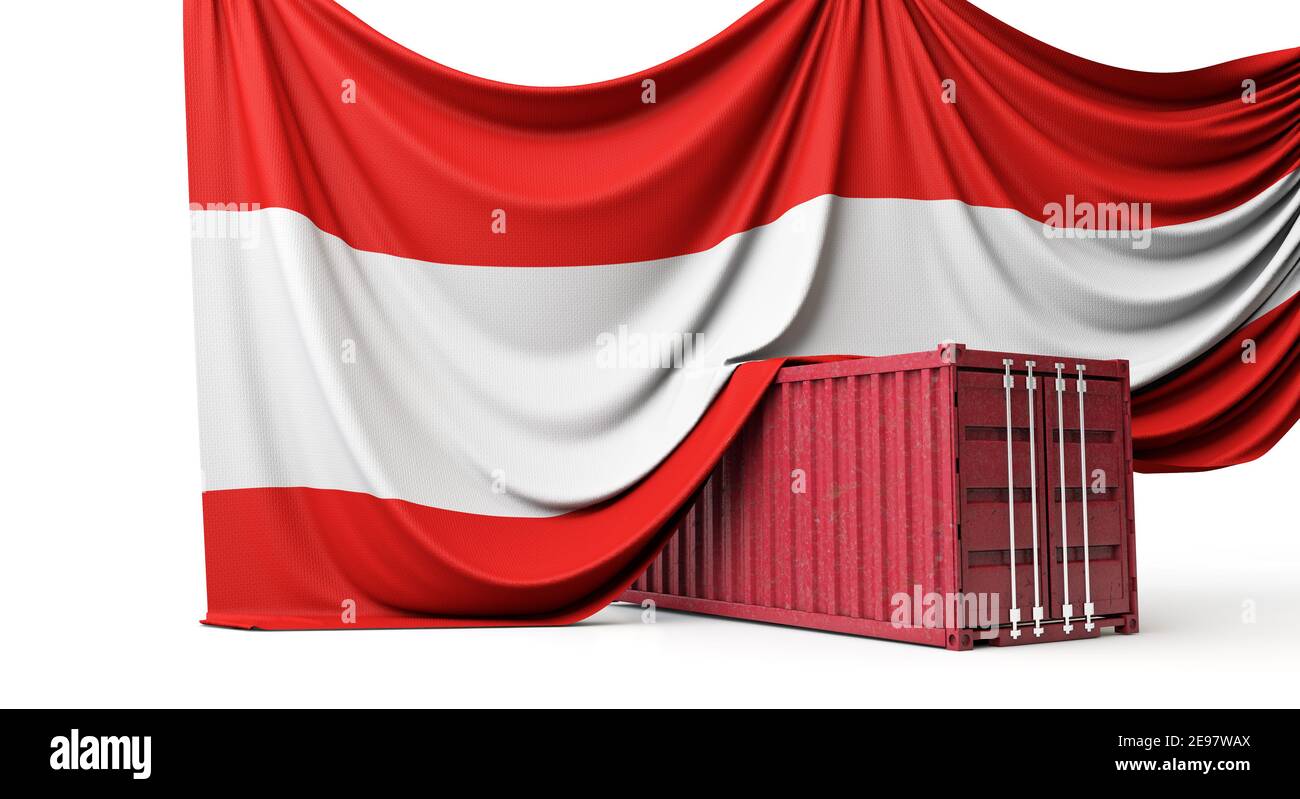 Österreich Flagge drapierte über einem Handelsschifffahrtscontainer. 3D Rendering Stockfoto