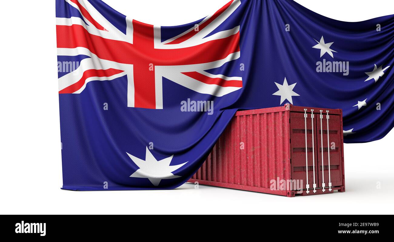 Australien Flagge drapiert über einem Handelsschifffahrtscontainer. 3D Rendering Stockfoto