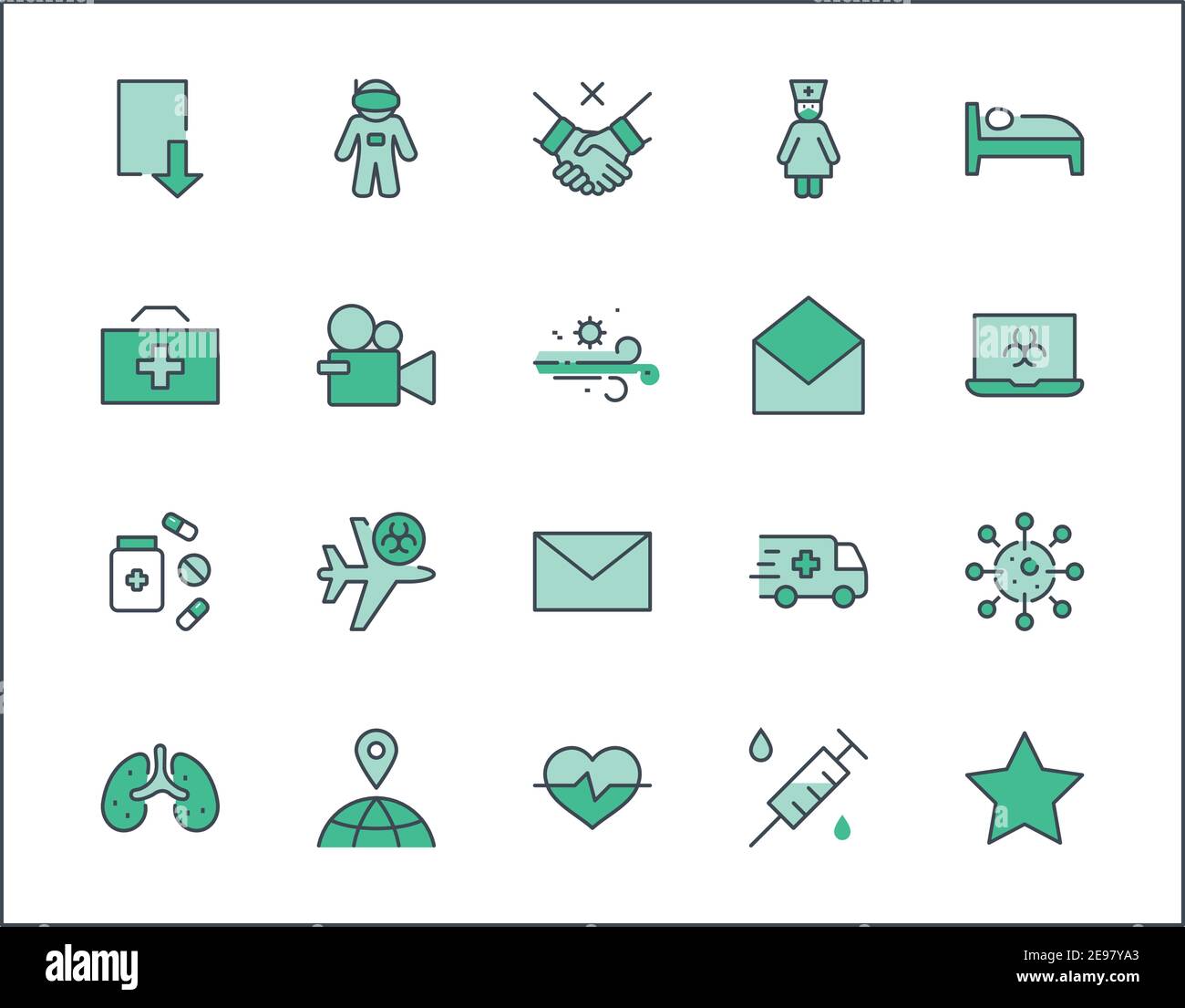 Satz des Coronavirus-Schutz-Vektorlinien-Symbols. Enthält Symbole wie Krankenwagen, neuartige Coronaviren, Schutzmaßnahmen, Symptome, Inkubationszeit Stock Vektor
