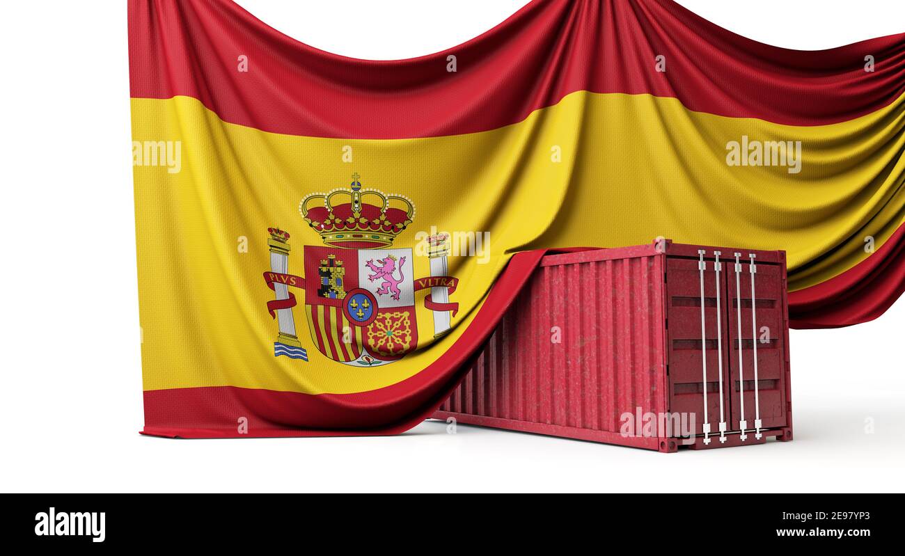 Spanien Flagge drapiert über einem Handelsschifffahrtscontainer. 3D Rendering Stockfoto