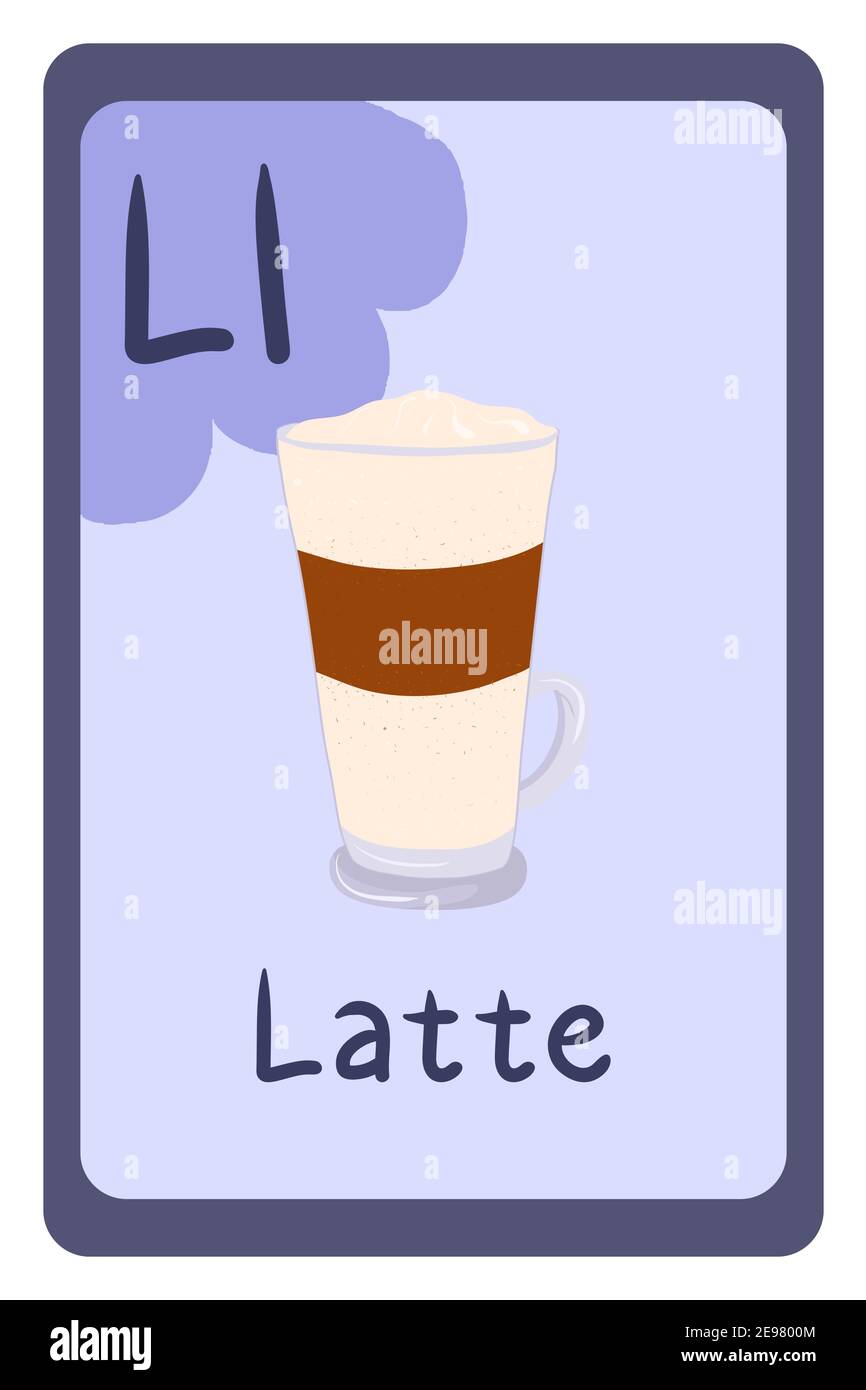 ABC Bildung Flash-Karte in Cartoon-Stil auf bunten Hintergrund. Buchstabe L - Latte. Kaffee heißes Getränk mit Milch. Vektorgrafik Alphabet. Stock Vektor