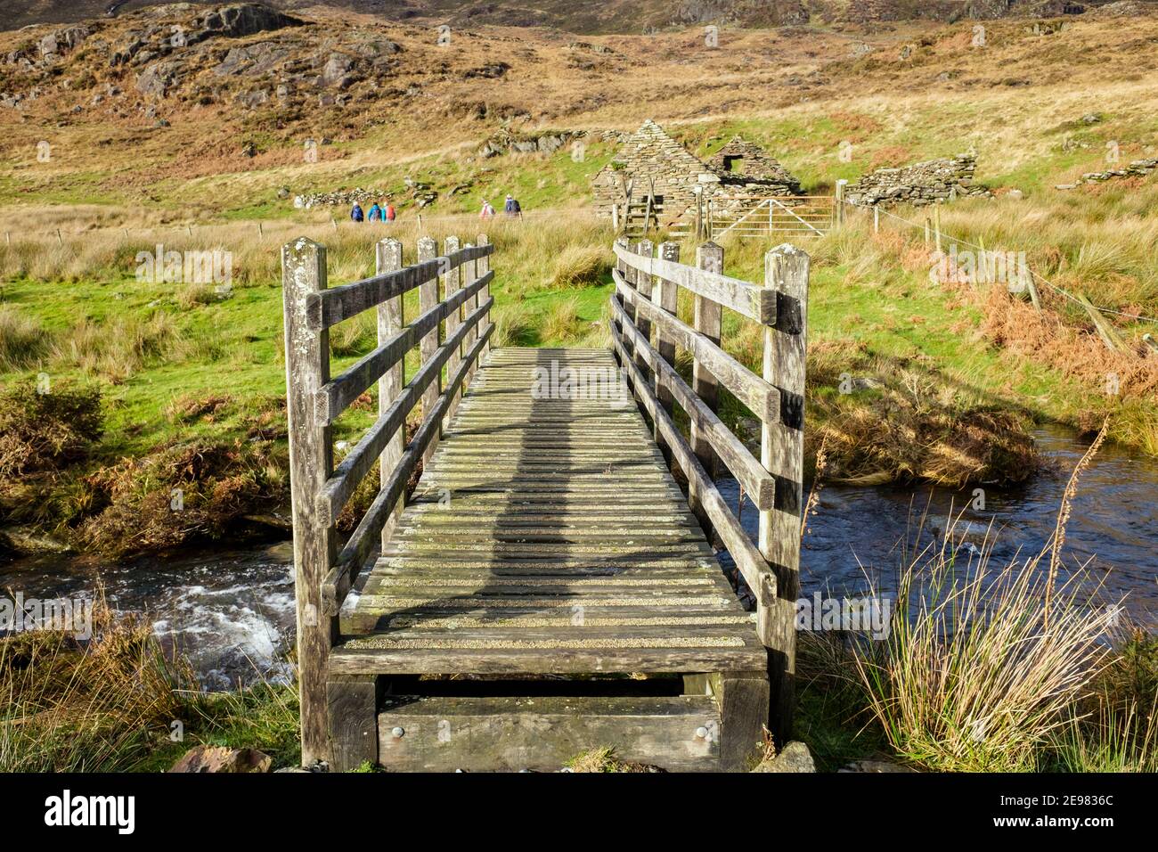 Hölzerne Fußgängerbrücke über einen Bach mit weit entfernten Spaziergängern auf Fußweg im Snowdonia Nationalpark. Bethania, Beddgelert, Gwynedd, Wales, Großbritannien Stockfoto
