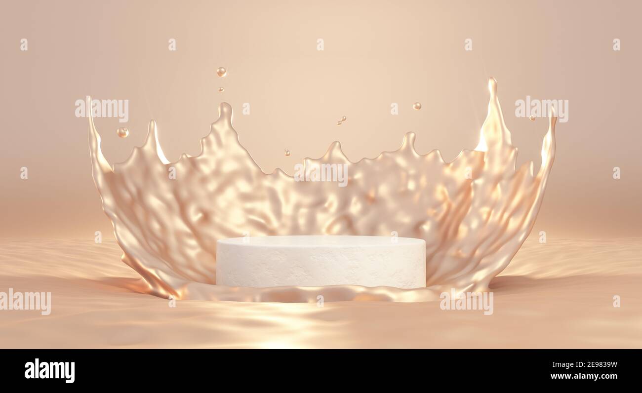 3D beige Podest Podium mit Flüssigkeit Spritz Krone. 3D Rendern des cometic-Produktmockup. Stockfoto