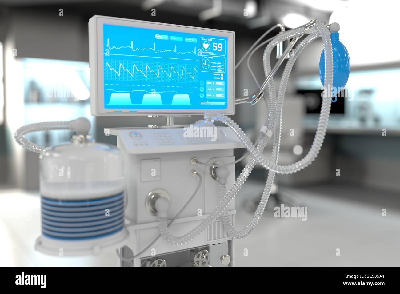 ICU künstliche Lungenventilator mit fiktiven Design in hellen Krankenhaus mit Bokeh - Kampf Corona Virus Konzept, medizinische 3D-Illustration Stockfoto