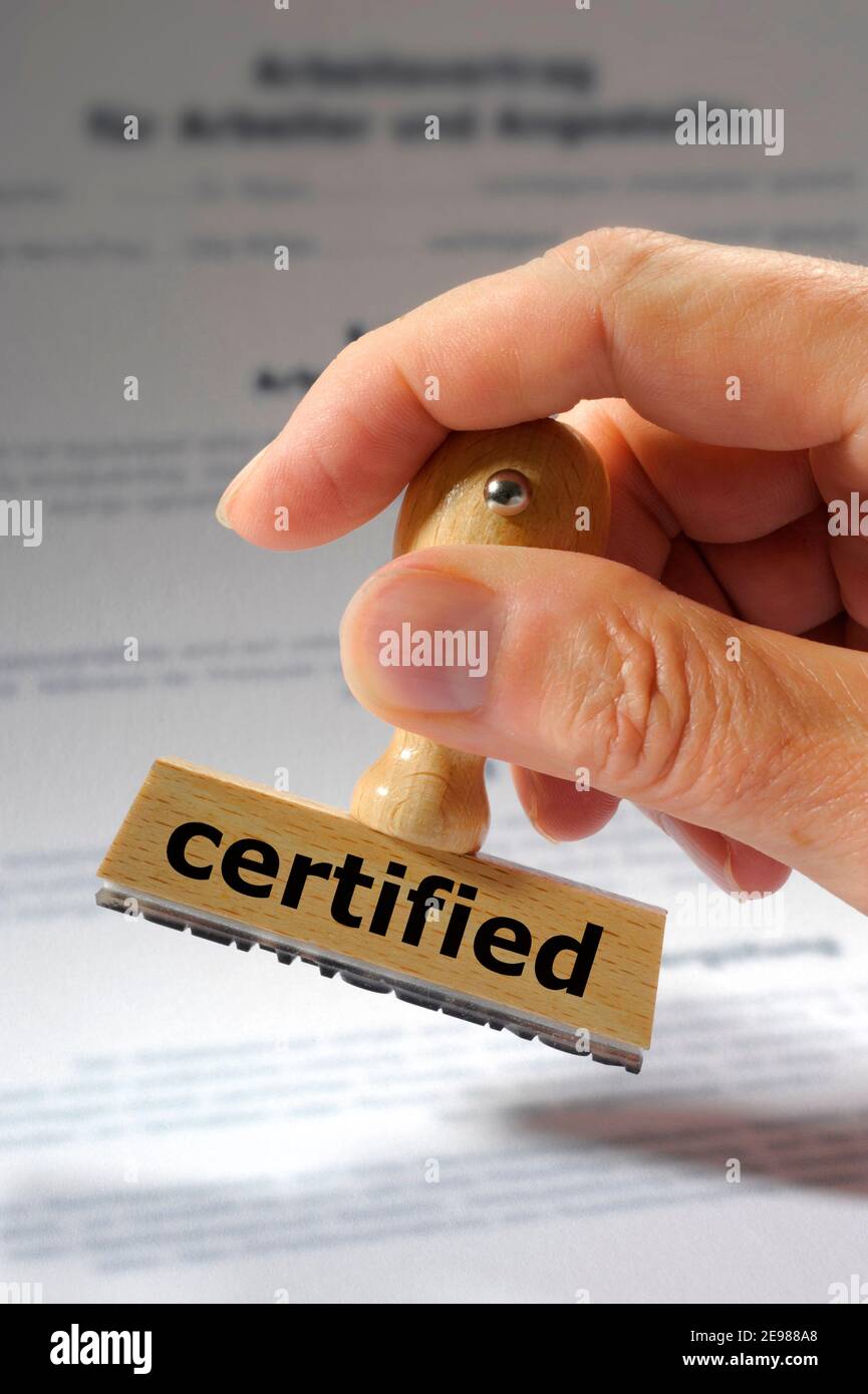 Zertifiziert auf Gummi Stempel in der Hand gedruckt Stockfoto