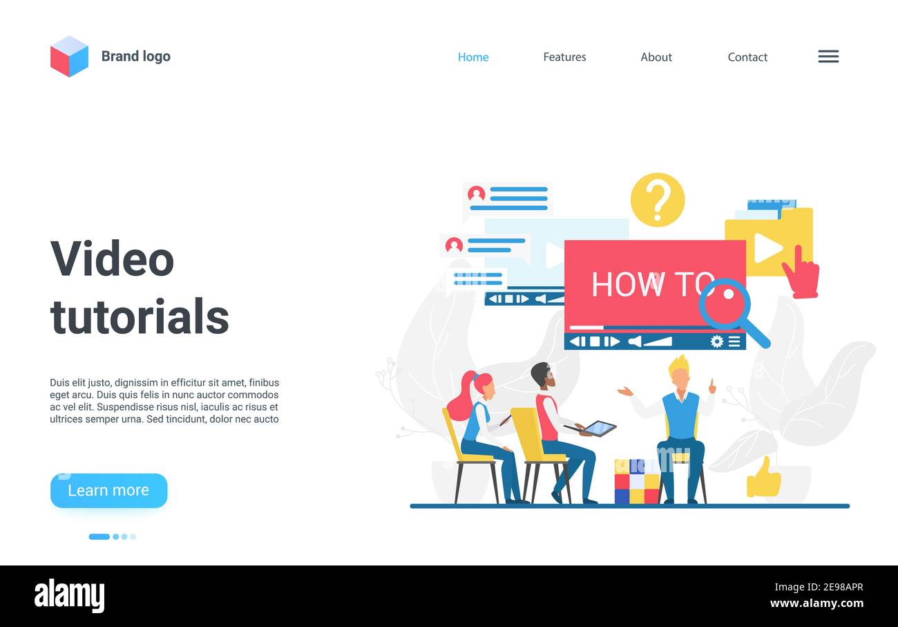 Video-Tutorial, Online-Bildung Technologie Vektor Illustration. Cartoon Business-Kurse, Schule oder Universität mit Studenten lernen in virtuellen Klassenzimmer, Studie Informationen Landing Page Stock Vektor