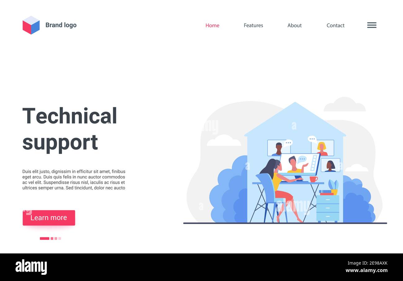 Vektordarstellung des technischen Supports. Cartoon Frau Betreiber Freiberufler Charakter zu Hause arbeiten, sitzen am Computer, Kommunikation mit Kunden, Customer Assistance Technology Landing Page Stock Vektor