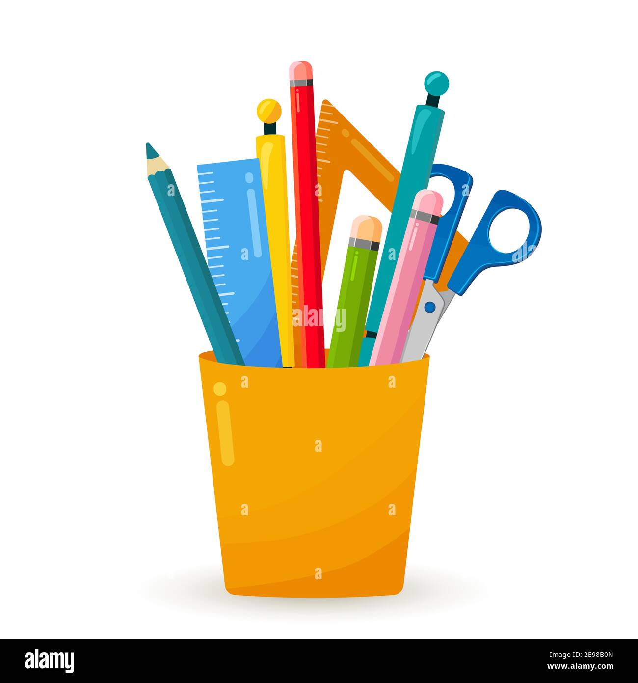 Helle Büro- und Bildungsgeräte. Becher für Stifte und Stifte. Schreibwarenhalter Symbol Design. Stifte, Scheren, Stifte und Lineale. Hell flach ill Stock Vektor