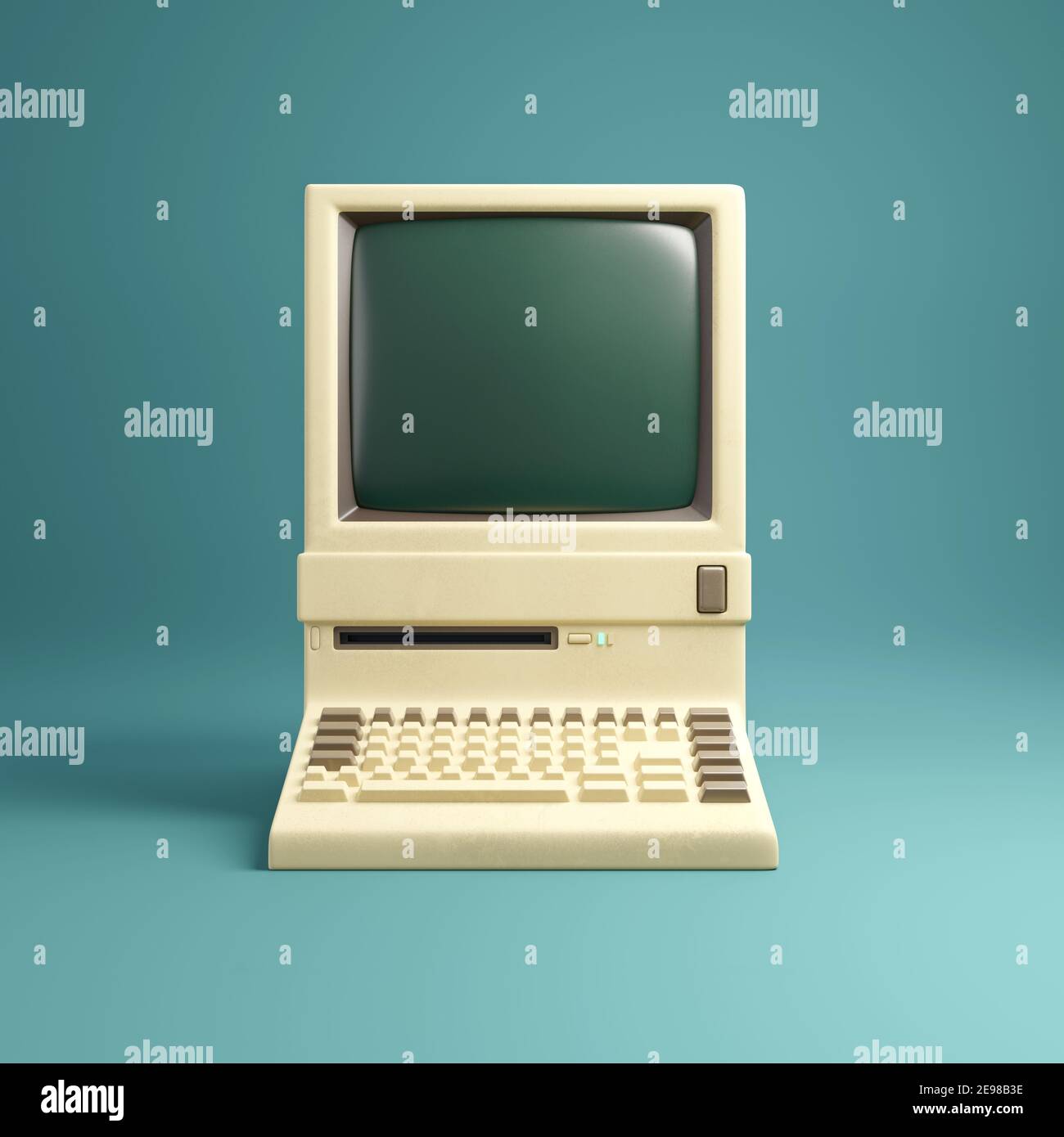 Beigefarbener Desktop-Computer im Retro-Stil der 1980er Jahre mit integriertem Bildschirm und Tastatur. 3D Abbildung. Stockfoto