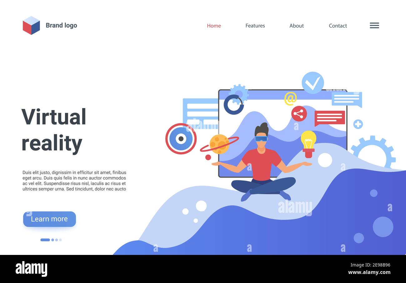 Virtual Reality Vektorgrafik. Cartoon Innovation futuristische Technologie, Mann in vr digitale Brille sitzt mit abstrakten Symbolen der Bildung, Ideenforschung, Social-Media-Nachrichten Landing Page Stock Vektor