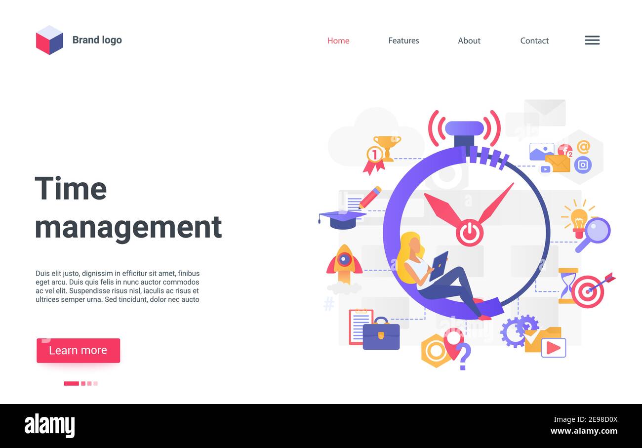 Vektorgrafik Zeitmanagement-Technologie. Cartoon Frau Arbeiter Charakter sitzen in großen Wecker, Verwaltung Zeit für Arbeit Aufgaben, Erfolg Kontrolle Workflow Probleme Landing Page zu lösen Stock Vektor