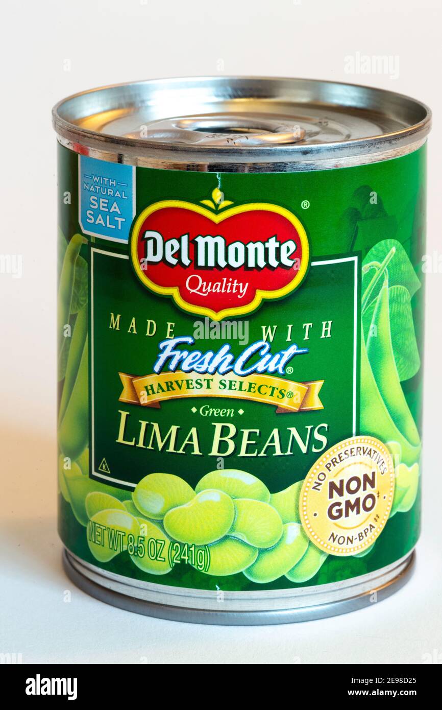 Nahaufnahme einer Dose Del Monte Lima Beans, USA Stockfoto