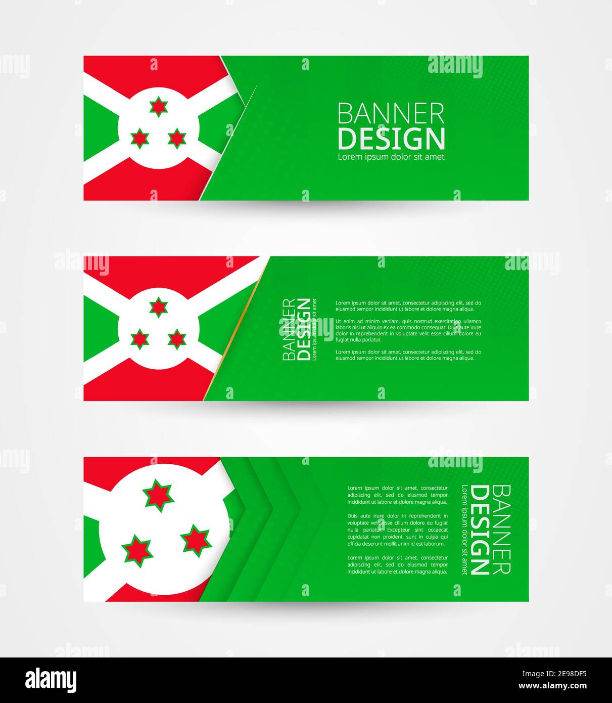 Set von drei horizontalen Banner mit Flagge von Burundi. Webbanner Design Vorlage in der Farbe der Burundi Flagge. Vektorgrafik. Stock Vektor