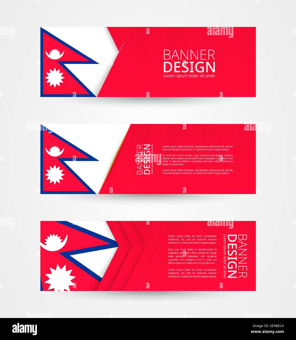 Set von drei horizontalen Banner mit Flagge von Nepal. Webbanner Design Vorlage in der Farbe der Nepal Flagge. Vektorgrafik. Stock Vektor