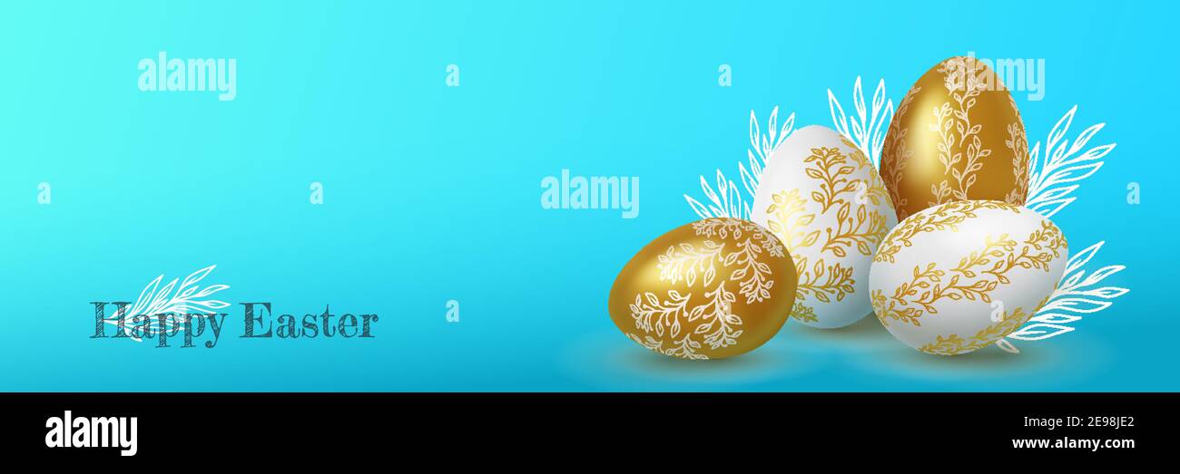 Realistische Gold und weiße ostereier mit Blumenschmuck auf blauem Hintergrund. Vektor Stock Vektor