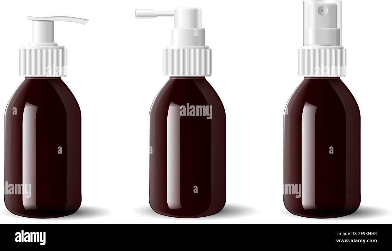 Bernstein Glas medizinische Aerosolbehälter, Pumpenspender für flüssige Feuchtigkeitscreme Kosmetik. Braune Pharmaflaschen mit Sprühkappen. 3S RE Stock Vektor