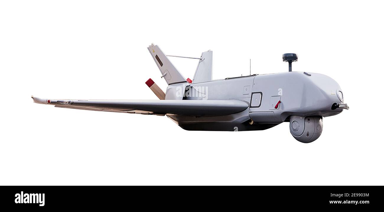 Unbemannte militärische Drohne auf weiß isoliert Stockfoto