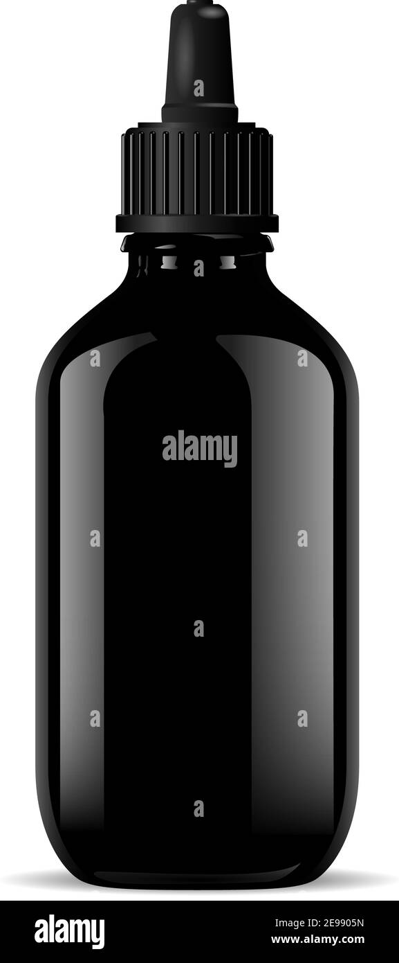 Schwarzes Fläschchen mit Tropfverschluss für medizinische oder kosmetische Produkte. Hochglanz Glas oder Kunststoff Flasche Mockup. 3D Vektor-Design. Glas für kosmetisches ätherisches Öl, Stock Vektor