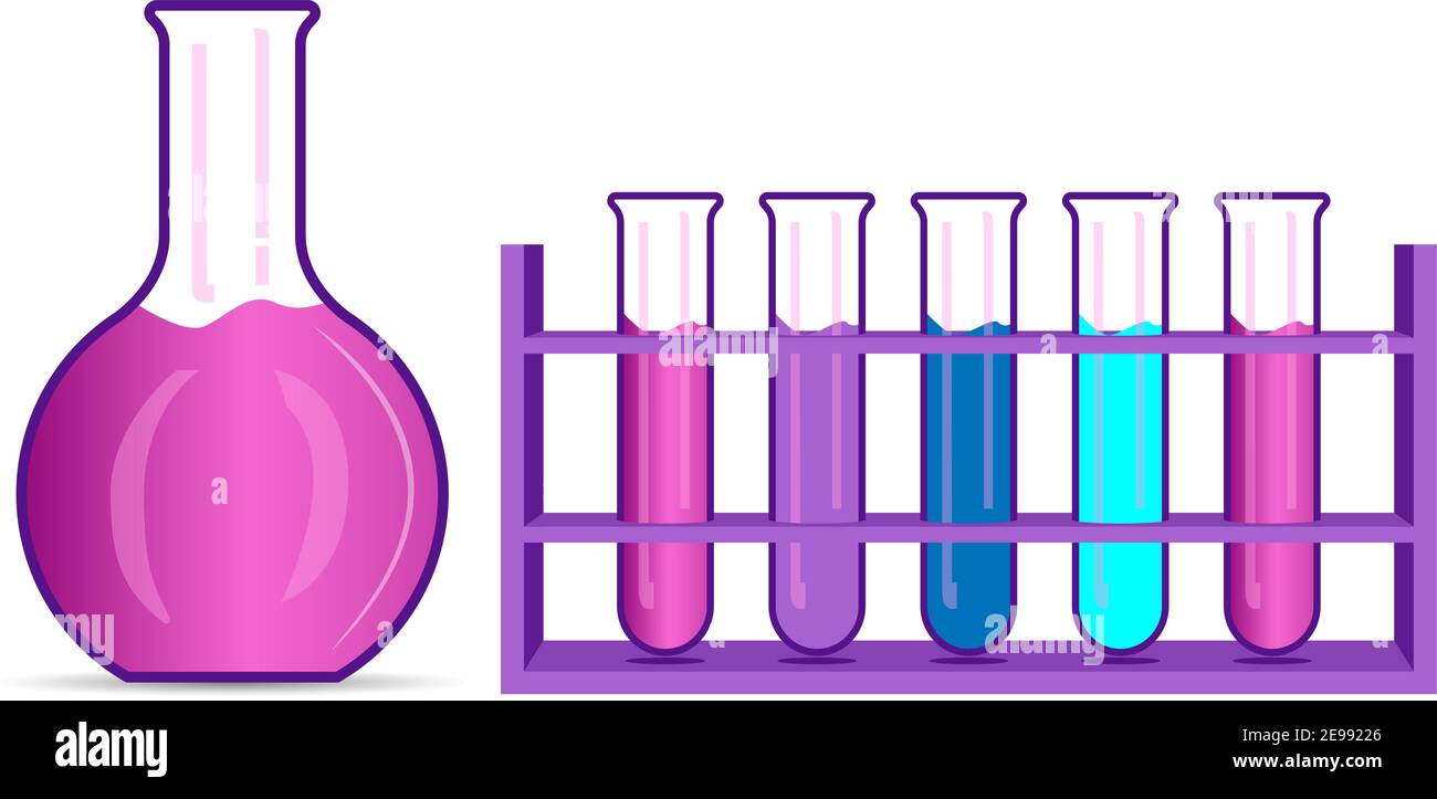 Set aus Chemisrty-Kolben und Becher. Flache Abbildung. Laborgeräte Für Chemische Wissenschaften. Wissenschaftliche Testforschung und Analyse. Pharmazeutische Infogr Stock Vektor
