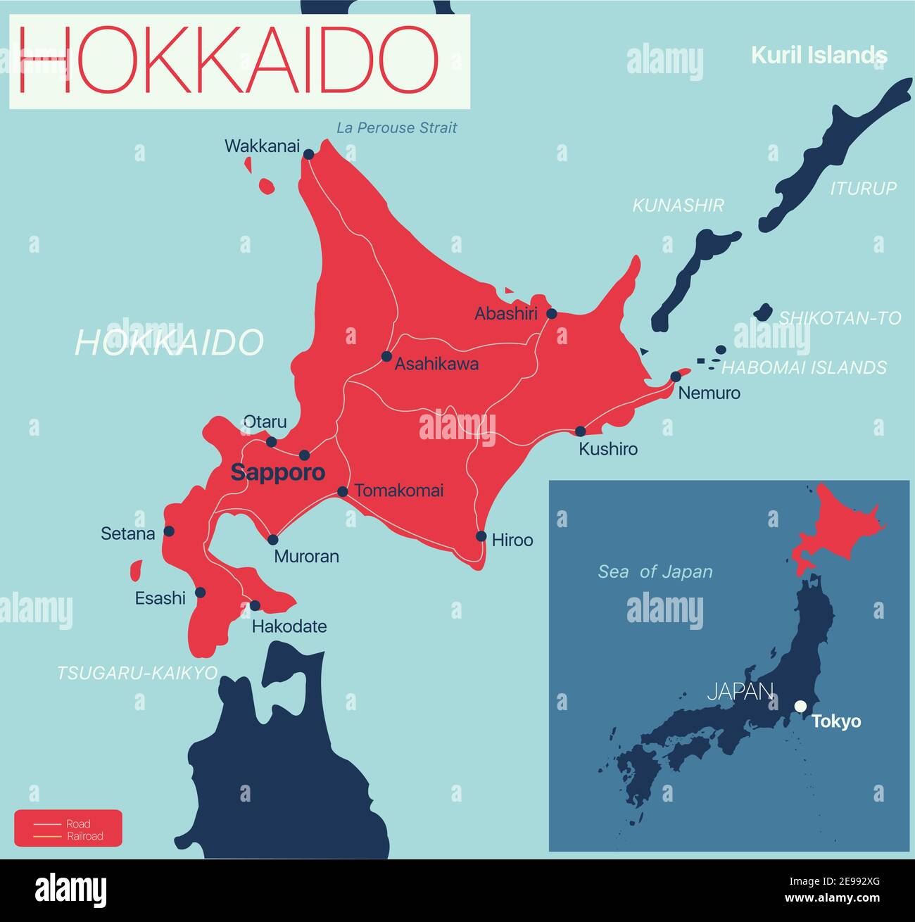 Hokkaido Insel Detaillierte editierbare Karte mit Regionen Städte und Gemeinden, Straßen und Eisenbahnen, geografische Standorte. Vector EPS-10-Datei Stock Vektor