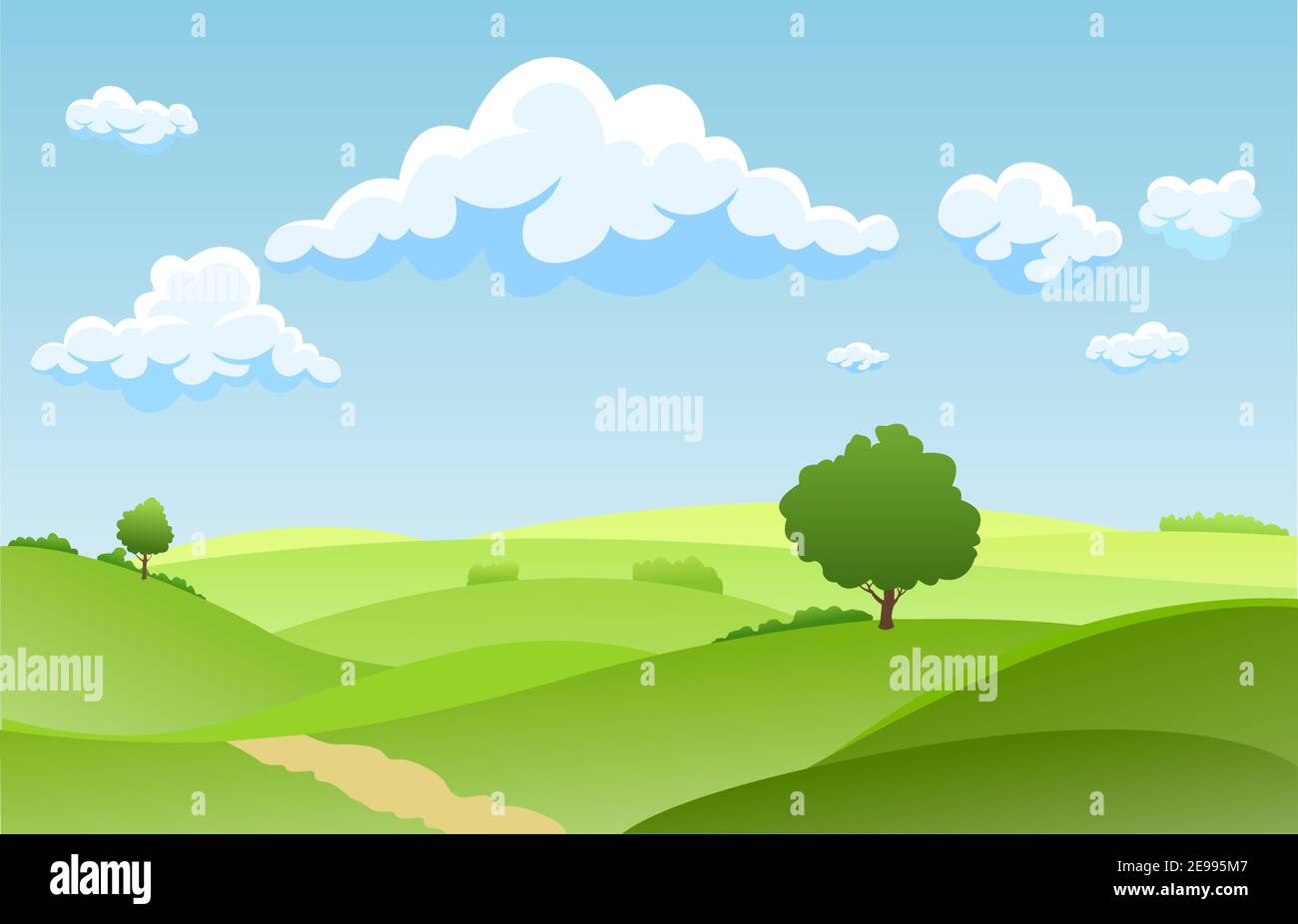 Landschaft Sommer grüne Felder mit Gras, Bäumen, weiße Wolke und blauen Himmel .Vektor Stock Vektor