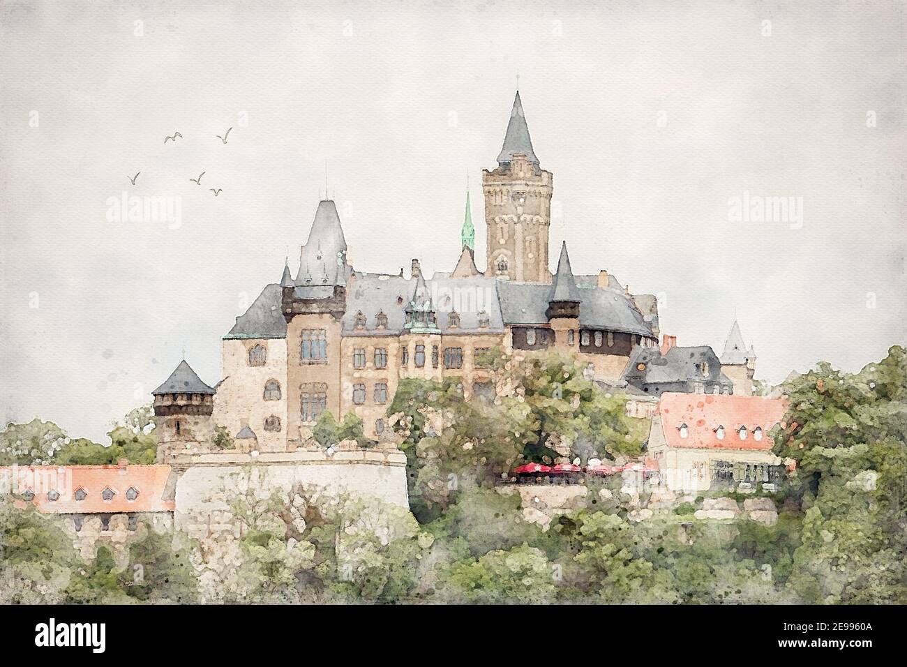 Das malerische Schloss Wernigerode, hoch über der Stadt. Wernigerode im Harz, Sachsen-Anhalt, Mitteldeutschland. Aquarellillustration. Stockfoto