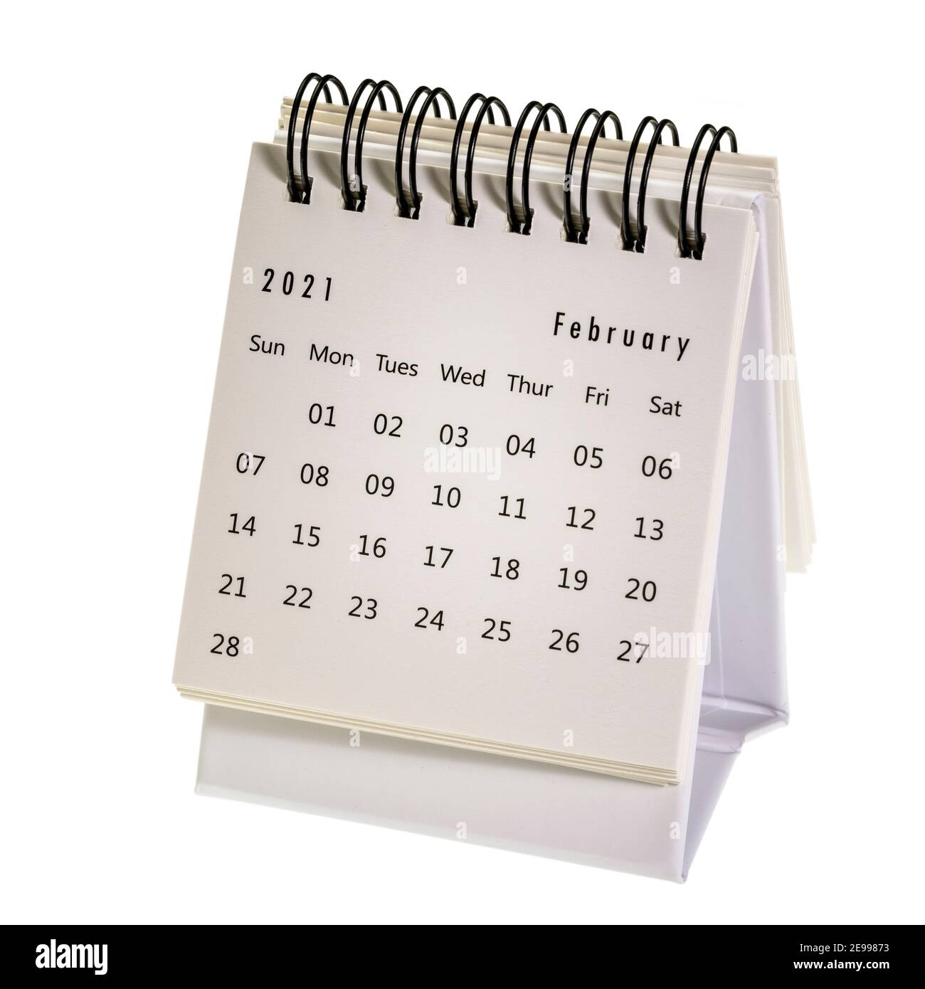 Februar 2021 – Spiral Desktop Kalender isoliert auf Weiß, Zeit und Geschäftskonzept Stockfoto