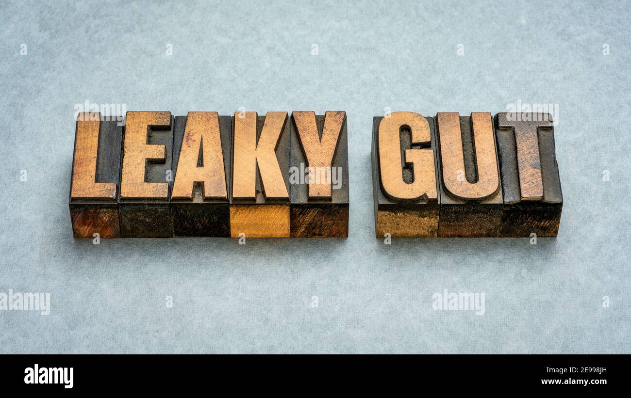 Leaky gut - Wort abstrakt in vintage Buchdruck Holzart Druckblöcke, Verdauungs Gesundheit Konzept Stockfoto