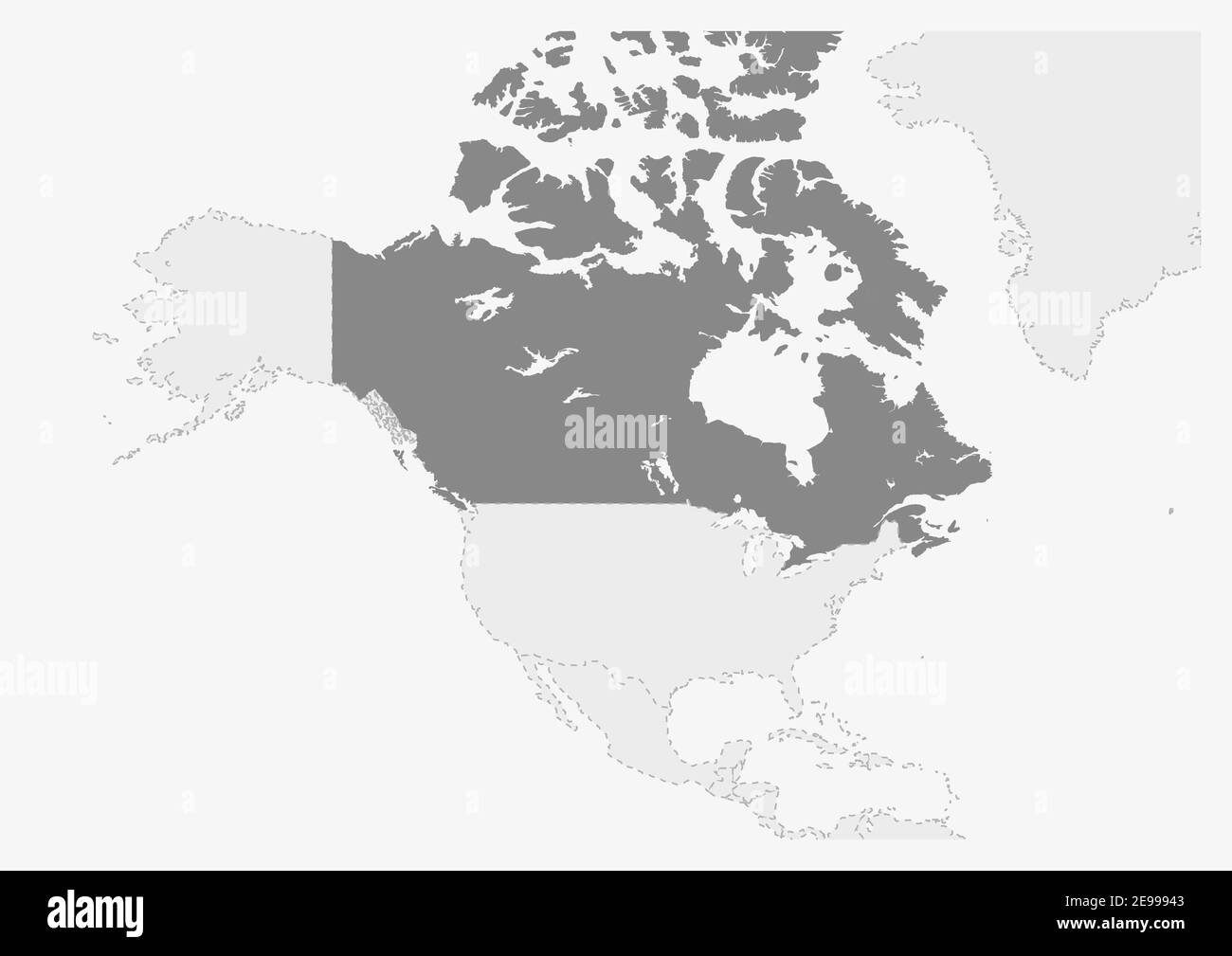 Karte von Amerika mit hervorgehobener Kanada-Karte, graue Karte von Kanada mit Nachbarländern Stock Vektor