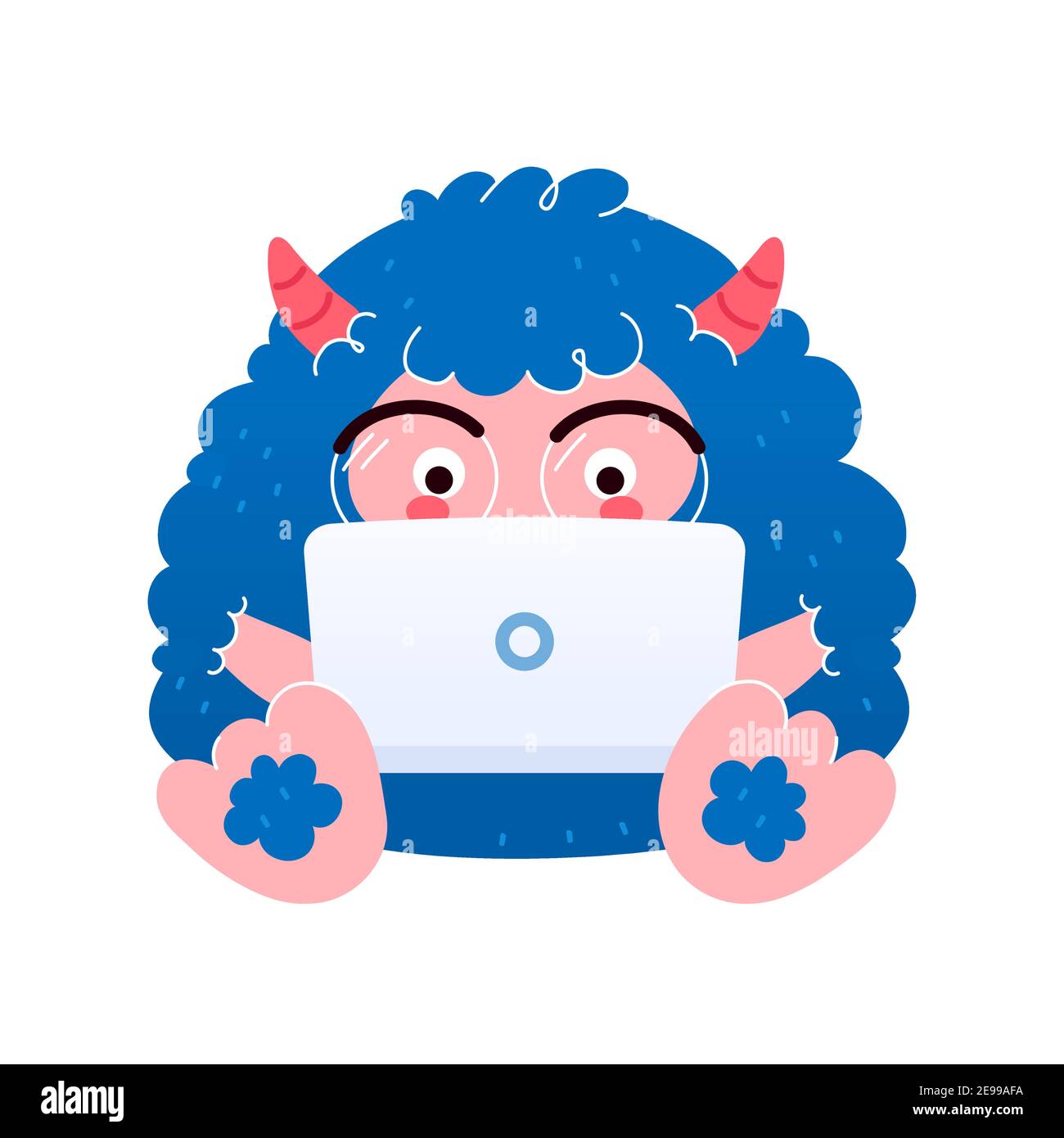 Lustige Yeti in Brille arbeiten mit Laptop. Vektor flache Cartoon kawaii Figur Illustration Symbol. Isoliert auf weißem Hintergrund Stock Vektor