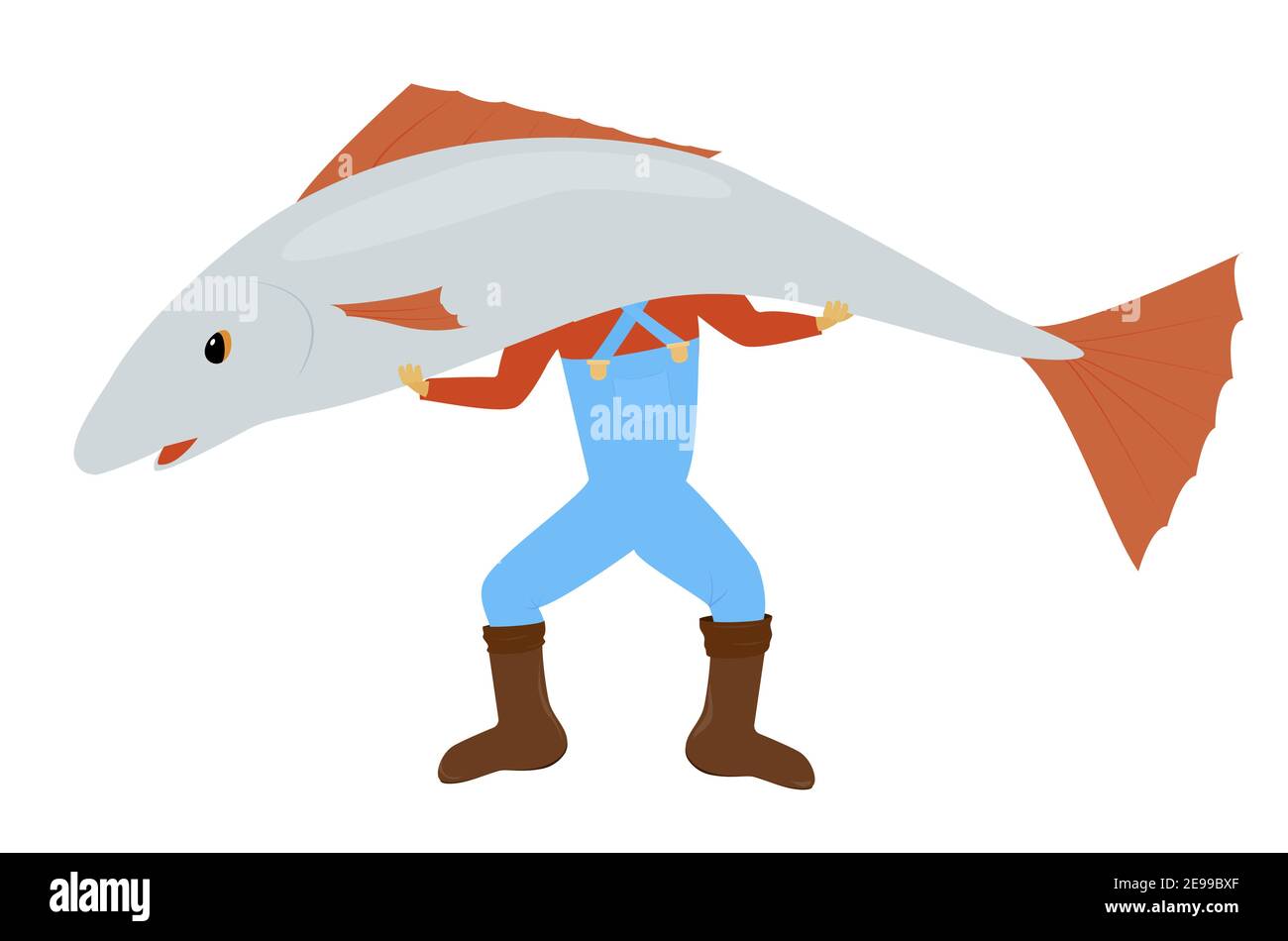 Mann steht und hält riesige graue Fische. Vektor Cartoon Fischer Illustration isoliert auf weißem Hintergrund. Stock Vektor