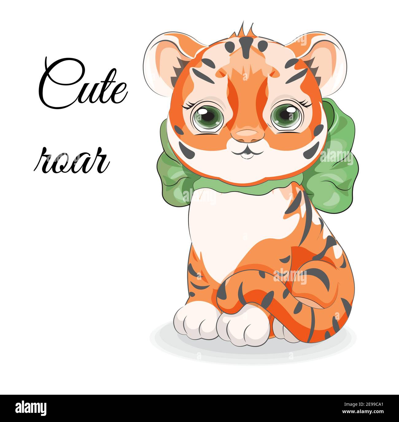 Niedliches Baby Tiger Symbol 2022, 2034 Neujahr mit Schleife, Bild in der Hand Zeichnung Cartoon-Stil, für T-Shirt tragen Mode-Druck-Design, Grußkarte, Pos. Stock Vektor