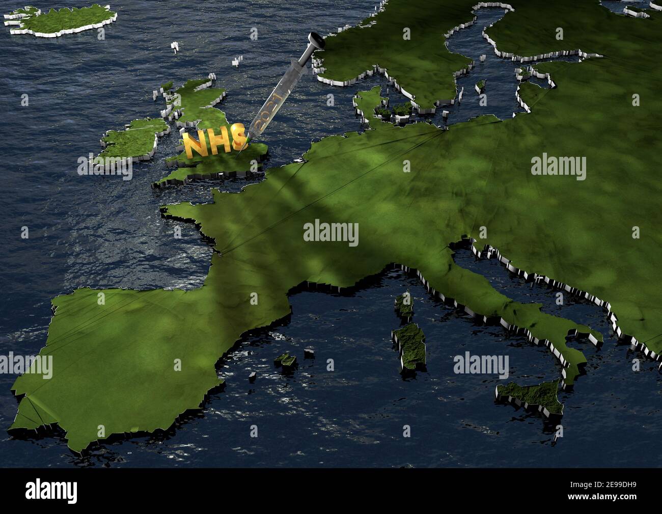 3D CGI Foto realistische Karte der Europäischen Union mit einer großen Spritze in Großbritannien injiziert Großbritannien und Gold NHS-Logo stehen stolz Konzept Bild. Stockfoto