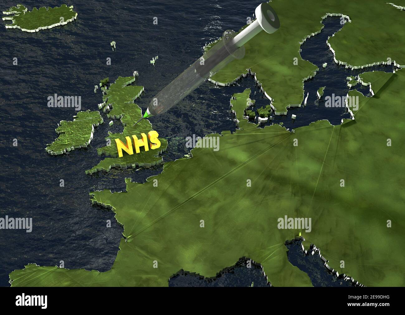 3D CGI Foto realistische Karte der Europäischen Union mit einer großen Spritze in Großbritannien injiziert Großbritannien und Gold NHS-Logo stehen stolz Konzept Bild. Stockfoto