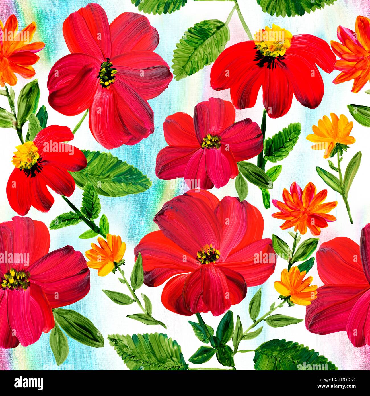 Florale nahtlose Muster von abstrakten roten Blumen, Acryl handbemalt Hintergrund Stockfoto