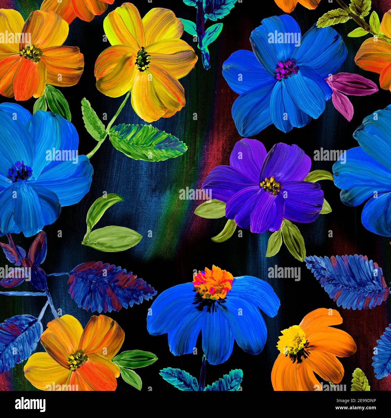 Florale nahtlose Muster von abstrakten hellen Blumen, Acryl handbemalt dunklen Hintergrund Stockfoto