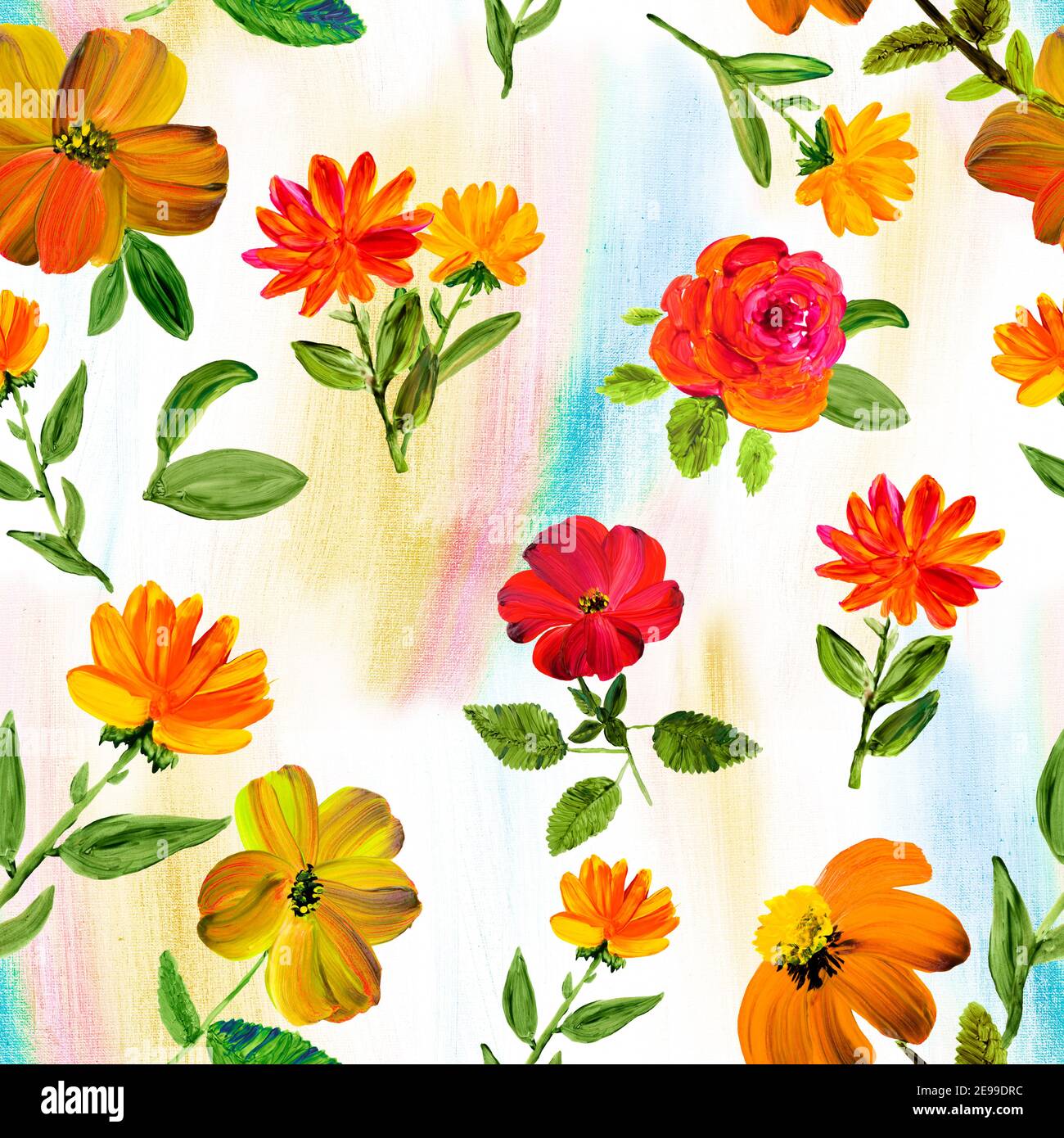 Florale nahtlose Muster von abstrakten hellen Blumen, Acryl handbemalt dunklen Hintergrund Stockfoto