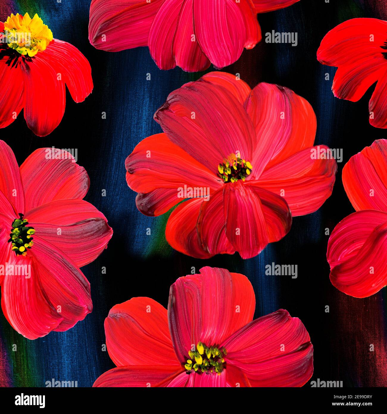 Florale nahtlose Muster von abstrakten roten Blumen, Acryl handbemalt Hintergrund Stockfoto