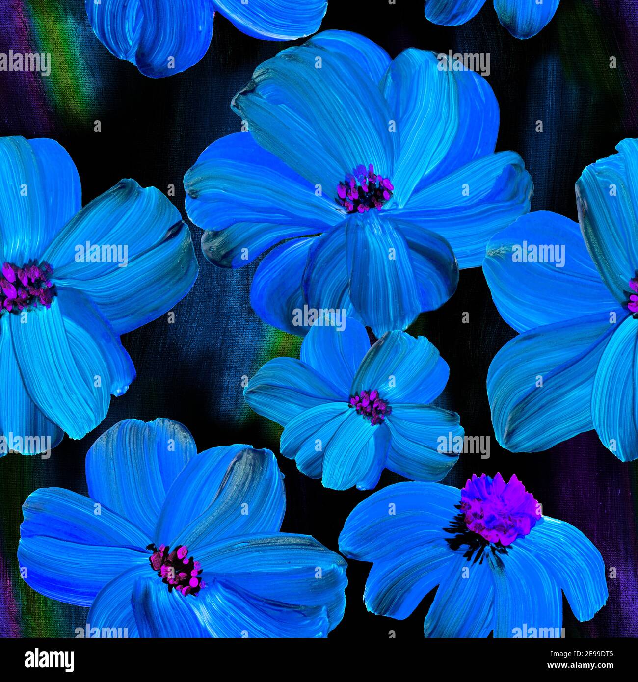 Florale nahtlose Muster von abstrakten blauen Blumen, Acryl handbemalt Hintergrund Stockfoto