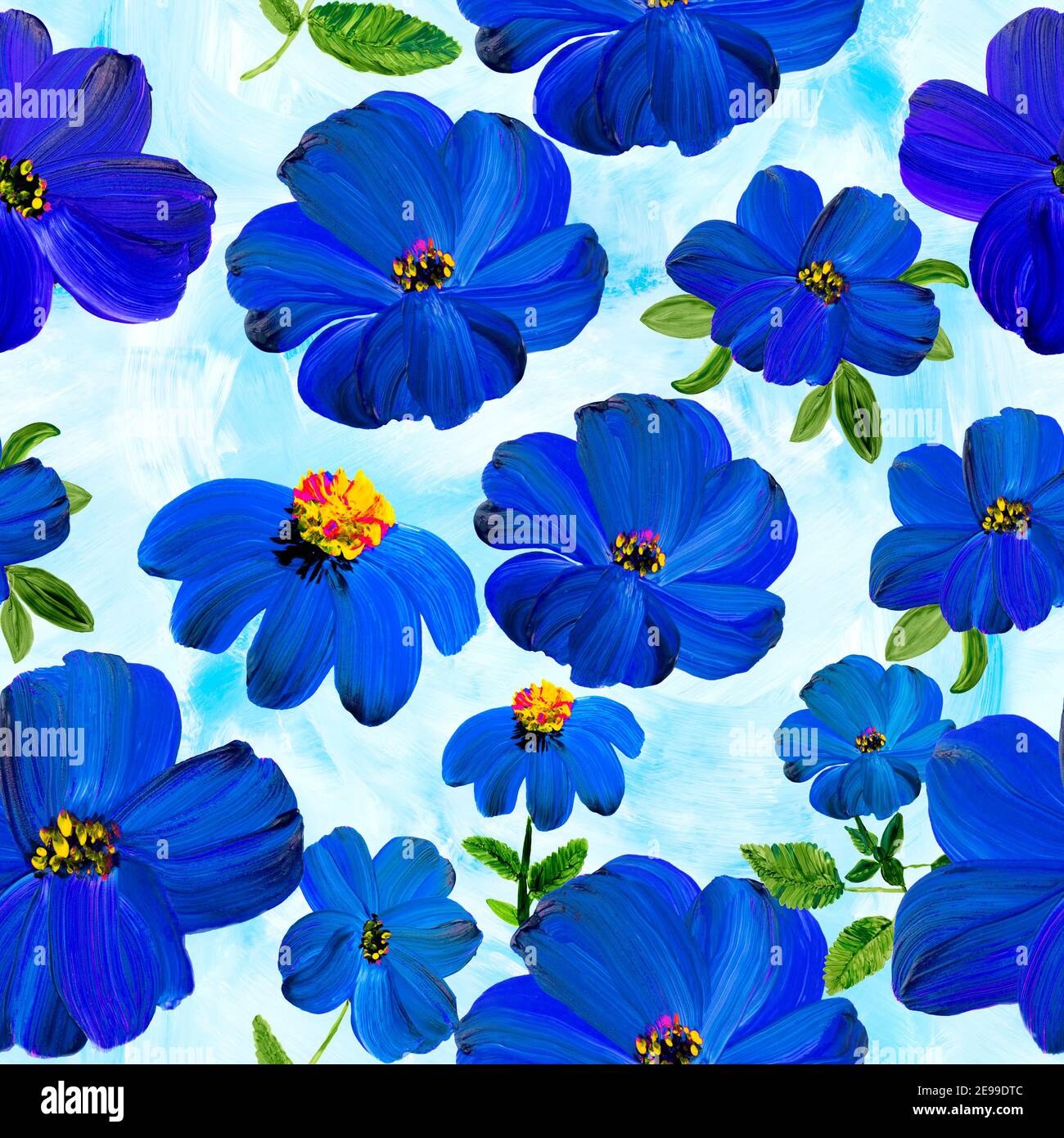 Florale nahtlose Muster von abstrakten blauen Blumen, Acryl handbemalt Hintergrund Stockfoto