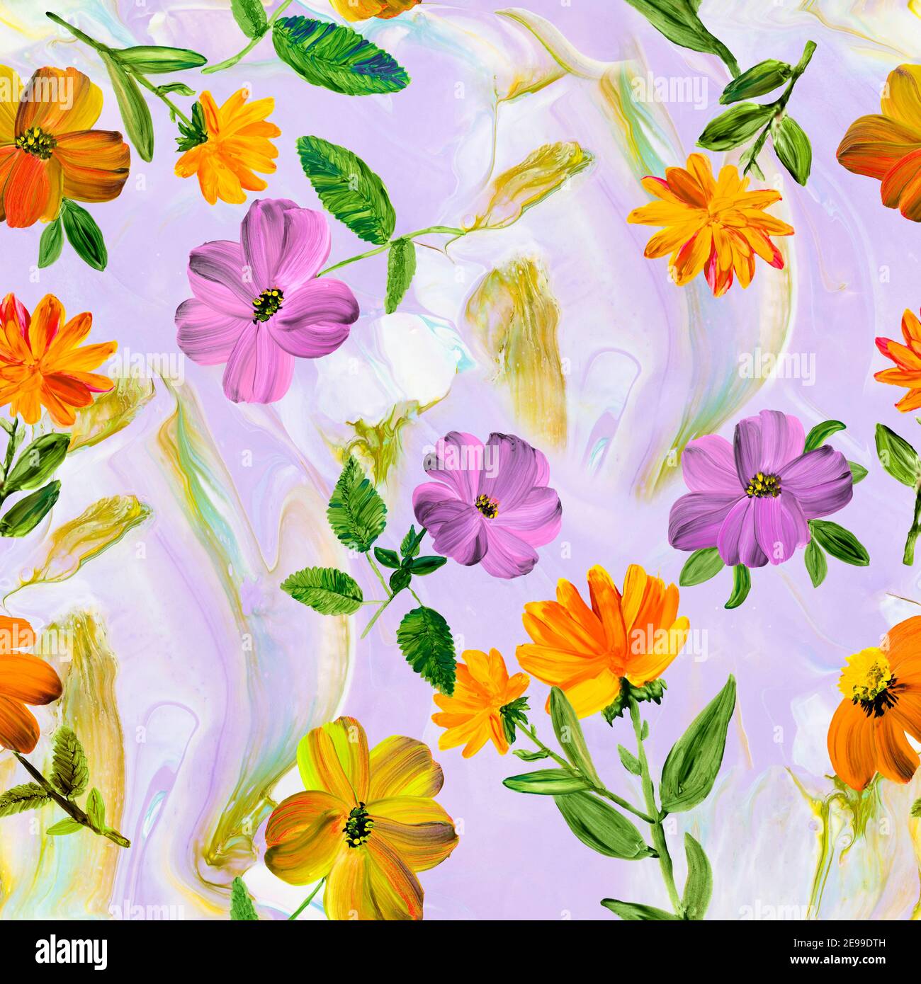 Florale nahtlose Muster von abstrakten hellen Blumen, Acryl handbemalt dunklen Hintergrund Stockfoto