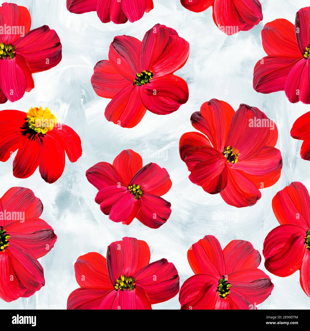 Florale nahtlose Muster von abstrakten roten Blumen, Acryl handbemalt Hintergrund Stockfoto