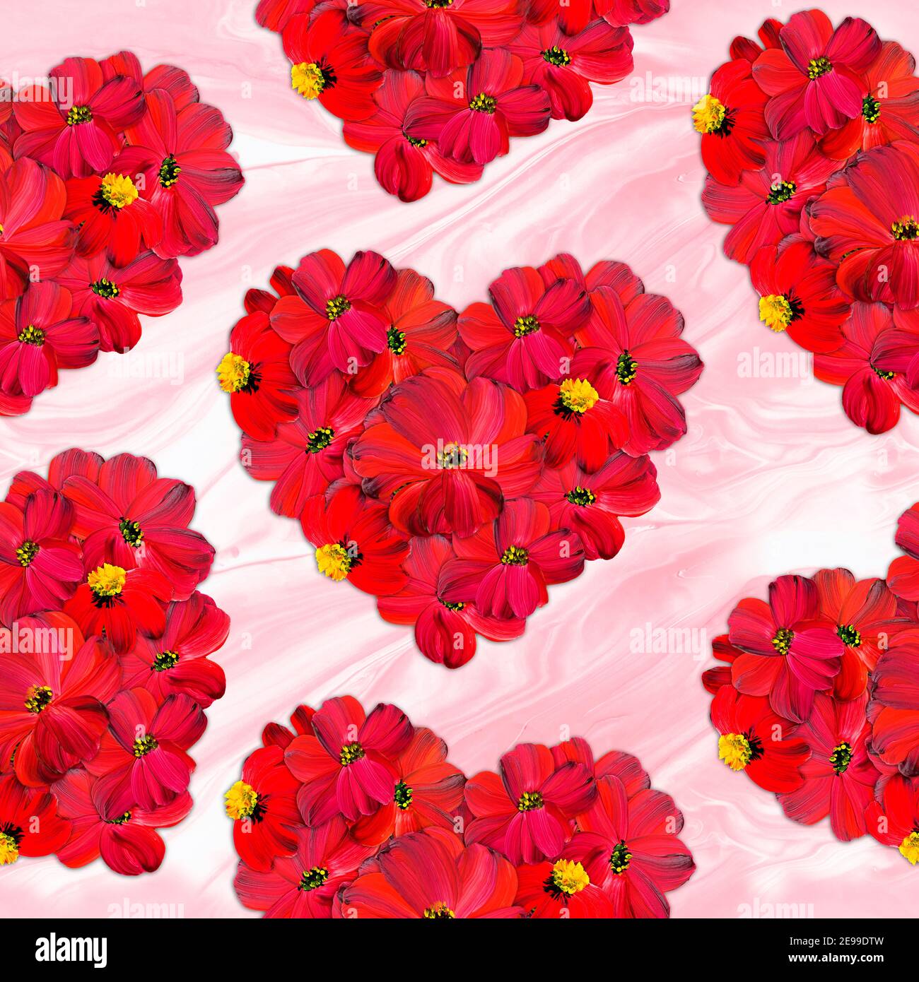 Florale nahtlose Muster, Valentinstag Herz aus abstrakten roten Blumen, Acryl handbemalt Hintergrund Stockfoto