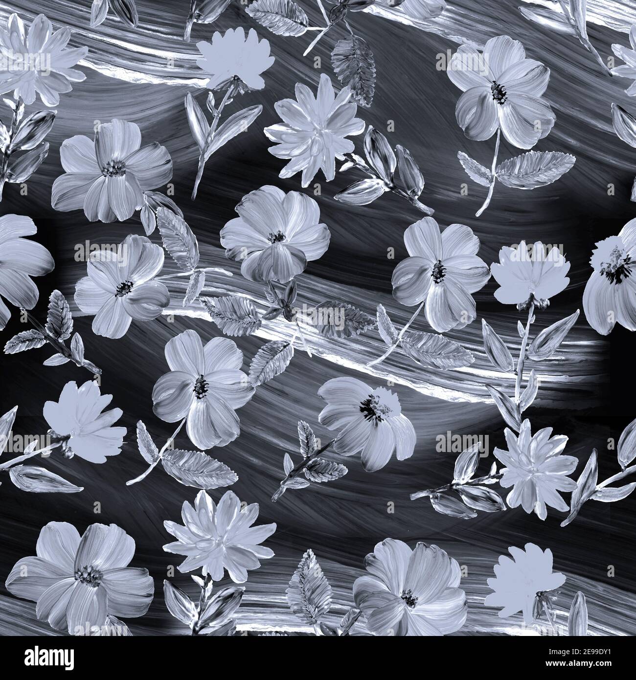 Schwarz und weiß nahtlose Muster abstrakte Blumen, Kunstmalerei, kreative Hand bemalten Hintergrund, Pinsel Textur, Acrylmalerei. Moderne Kunst. Conte Stockfoto