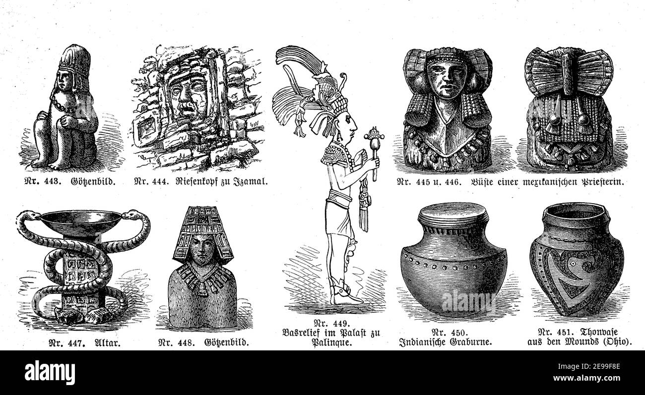 Altertümer aus Peru, Tongefäße, Graburnen, Büste einer mexikanischen Priesterin, Idole und Palastrelief / Altertümer aus Peru, Tongefälle, Grabrenen, Büste einer mexikanischen Priesterin, Götzenbilder, und Palastrelief, Historisch, historisch, digital verbesserte Reproduktion eines Originals aus dem 19th. Jahrhundert / digitale Reproduktion einer Originalvorlage aus dem 19. Jahrhundert Stockfoto