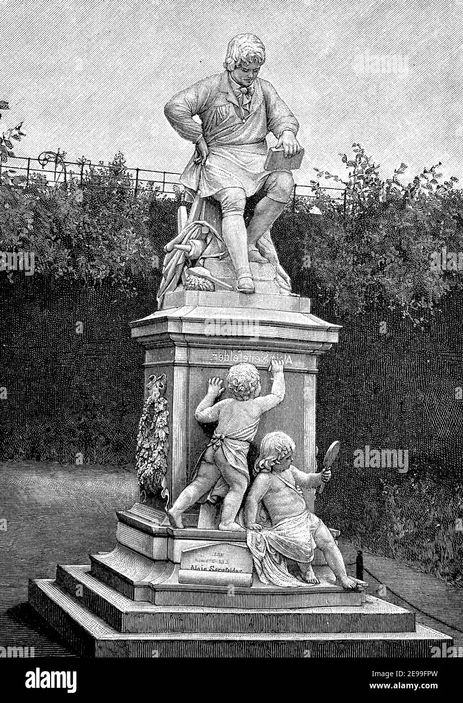 Denkmal an Alois Senefelder, Senefelderplatz, Berlin, Deutschland, gestaltet von Rudolf Pohle, 1892 / Denkmal für Alois Senefelder, Senefelderplatz, Berlin, Deutschland, entstanden von Rudolf Pohle, 1892, Historisch, historisch, digital verbesserte Reproduktion eines Originals aus dem 19th. Jahrhundert / digitale Reproduktion einer Originalvorlage aus dem 19. Jahrhundert Stockfoto