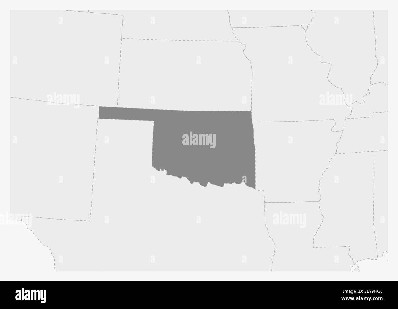 Karte der USA mit hervorgehobener Oklahoma-Karte, graue Karte des US-Bundesstaates Oklahoma mit Nachbarländern Stock Vektor