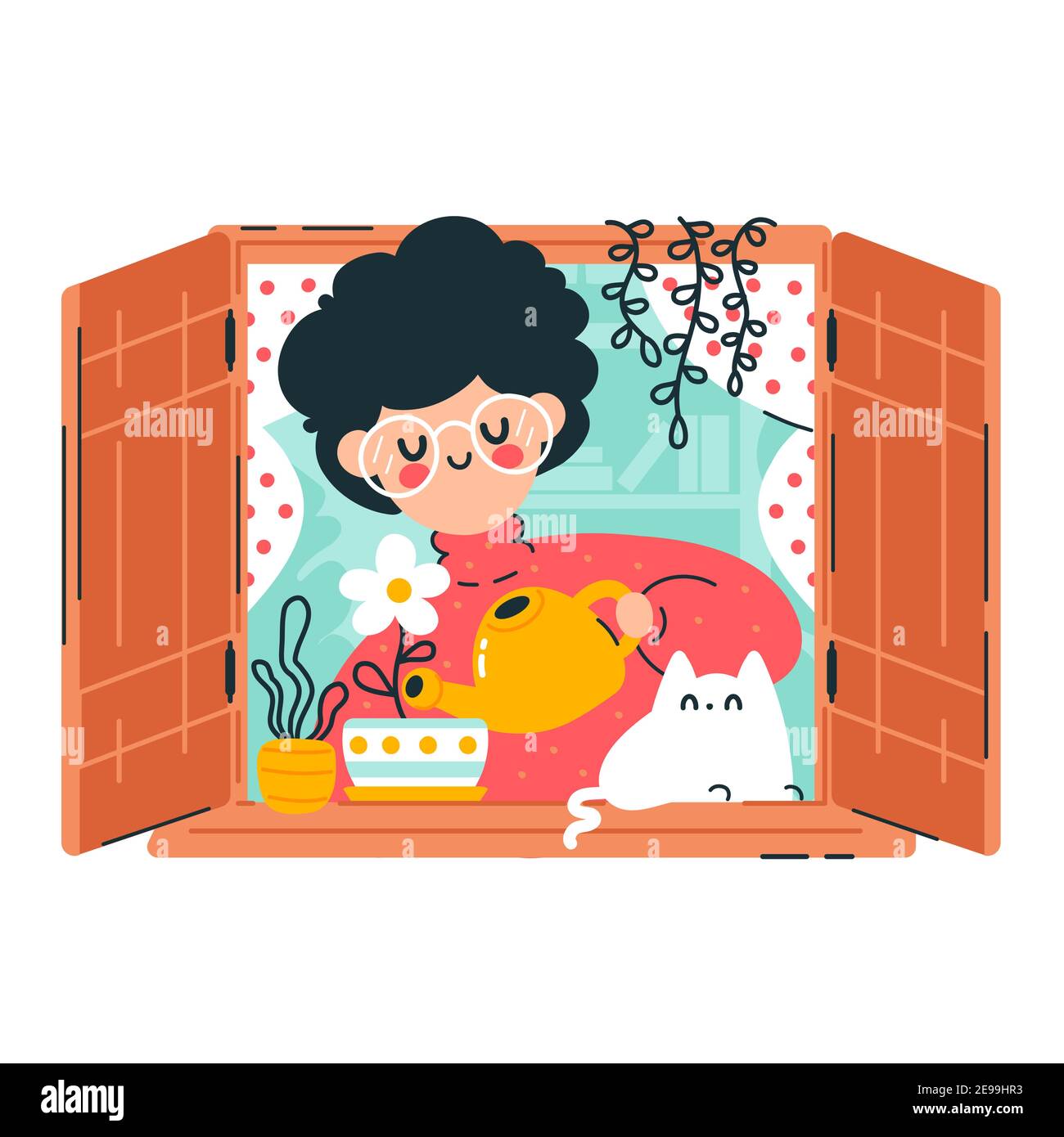 Nette junge Frau Wasserpflanzen und Blumen auf dem Fenster. Vektor Cartoon Figur Illustration Symbol. Isoliert auf weißem Hintergrund. Home Pflanzen im Fenster Konzept Stock Vektor