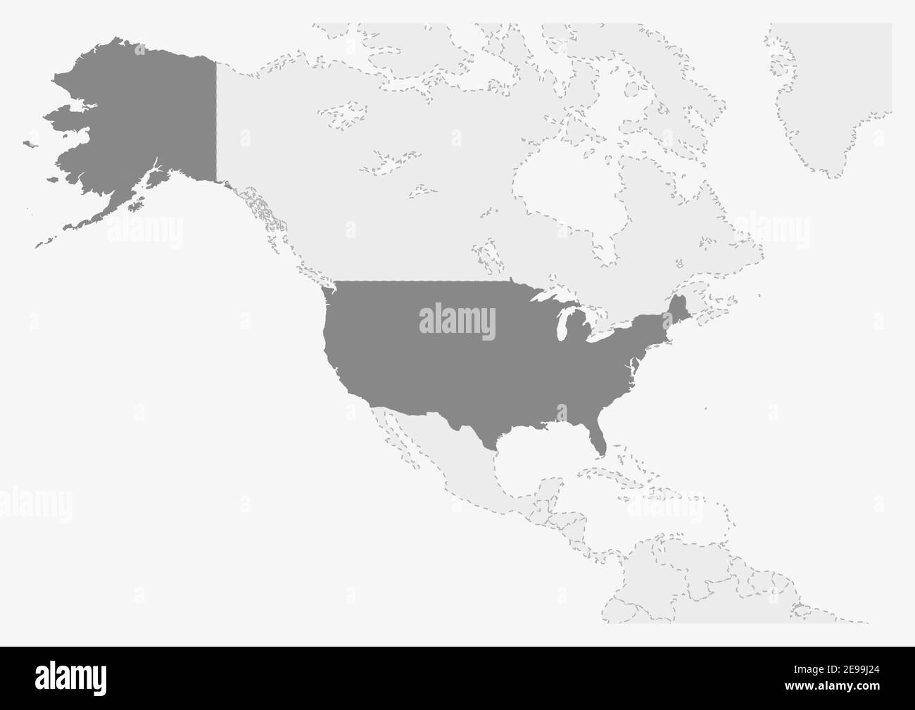 Karte von Amerika mit hervorgehobener USA-Karte, graue Karte der Vereinigten Staaten von Amerika mit Nachbarländern Stock Vektor